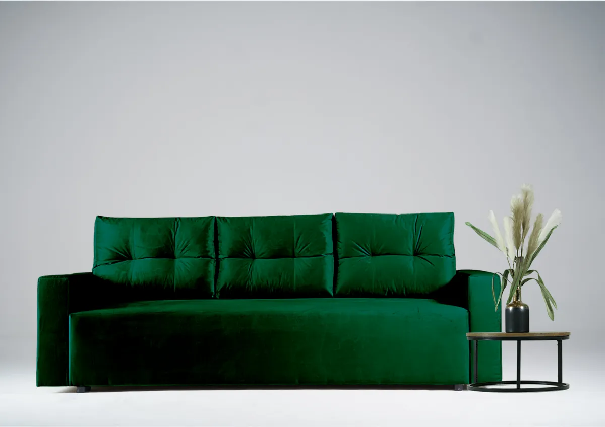 Sofa zielona BONO trzyosobowa z funkcją spania 215 cm: Zielona sofa BONO w klasycznym wydaniu