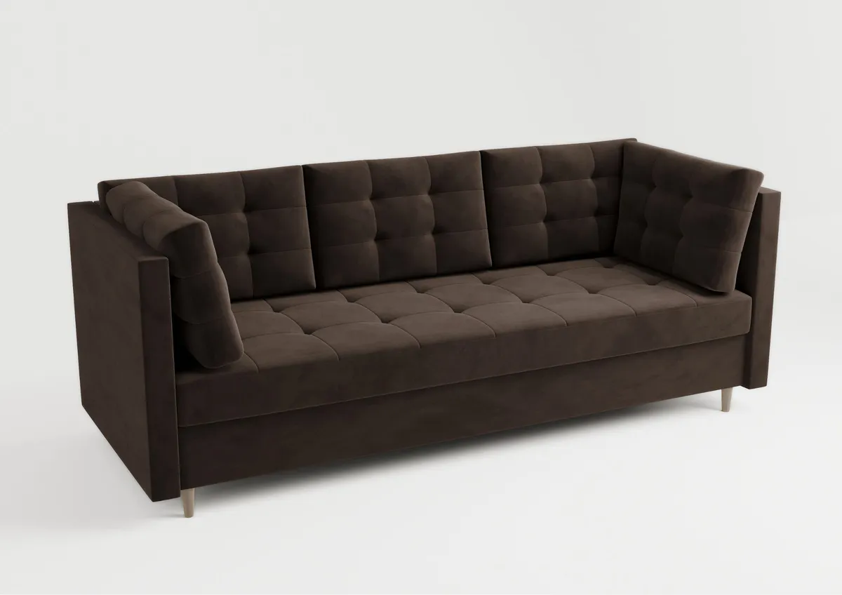 Sofa brązowa PREGO z funkcją spania 215 cm: Brązowa sofa PREGO z pikowaniem