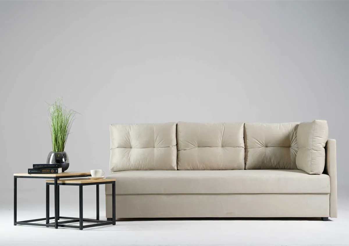 Sofa beżowa MALA prawa trzyosobowa z funkcją spania 198 cm: Beżowa sofa MALA prawa z funkcją spania
