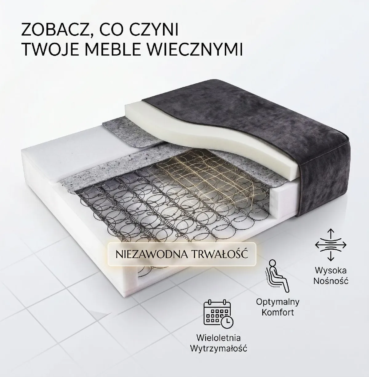 Narożnik szary CLOUD OMEGA prawy z funkcją spania 284 cm: Siedzisko i oparcie narożnika CLOUD OMEGA