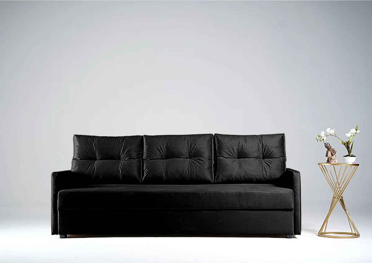Sofa czarna BONA trzyosobowa z funkcją spania 198 cm: Czarna sofa BONA z funkcją spania