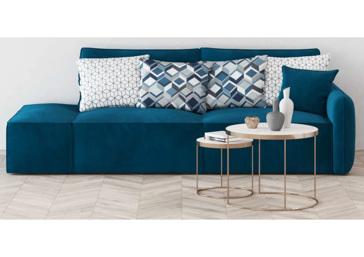 Sofa różowa VINCI 2 lewa czteroosobowa z funkcją spania 265 cm: Dwa moduły i pufa w zestawie