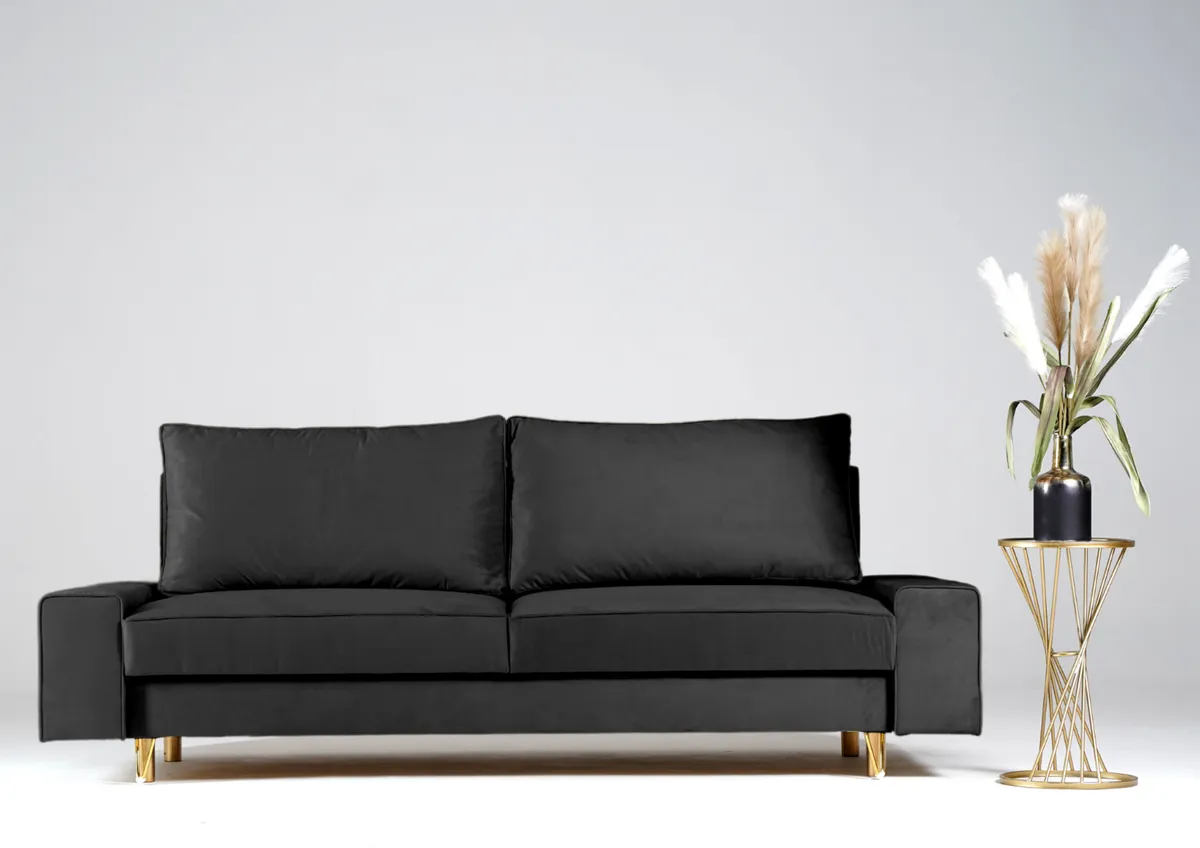 Sofa grafitowa STINO trzyosobowa z funkcją spania 230 cm: Grafitowa sofa STINO na złotych nogach