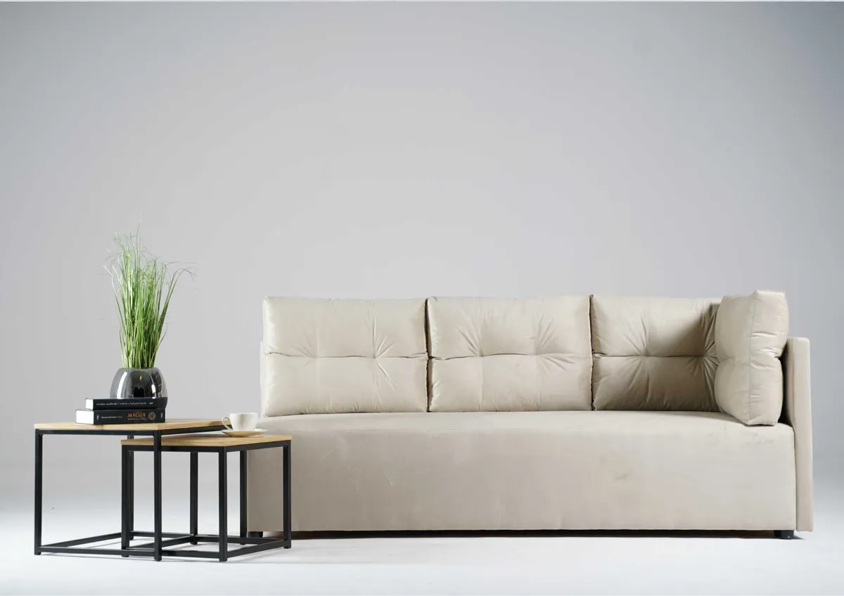 Sofa beżowa MONO prawa trzyosobowa z funkcją spania 198 cm: Beżowa sofa MONO prawa z funkcją spania