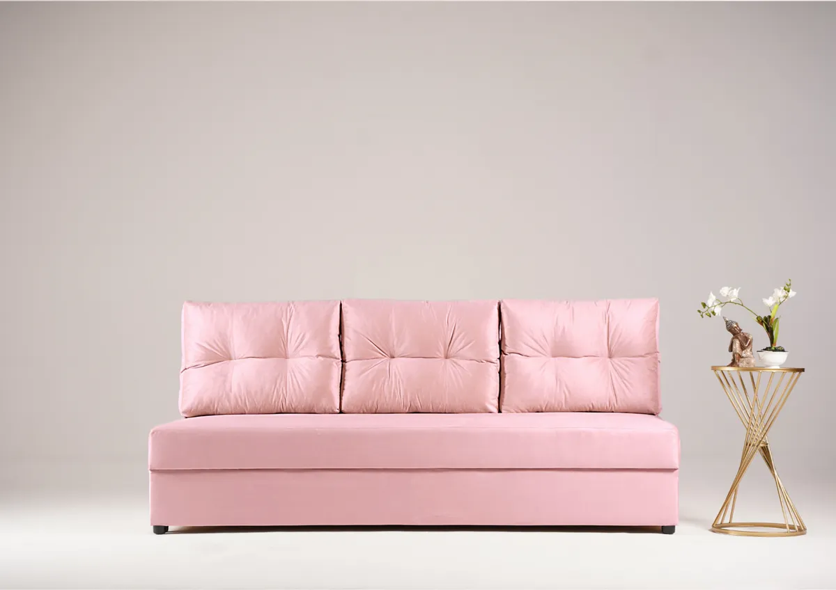 Sofa różowa SKANDI trzyosobowa z funkcją spania 190 cm: Skandi na małą przestrzeń: różowa sofa SKANDI