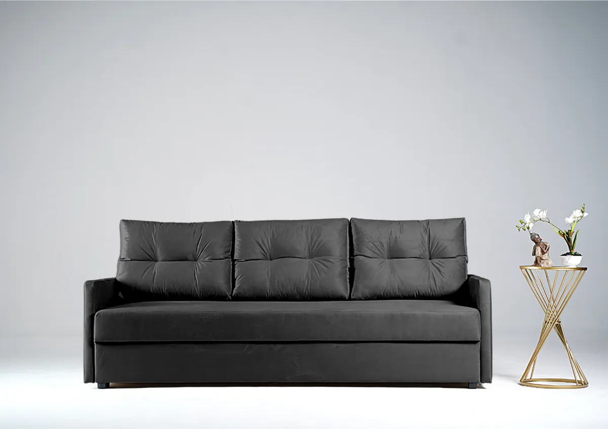 Sofa grafitowa BONA trzyosobowa z funkcją spania 198 cm: Grafitowa sofa BONA z funkcją spania
