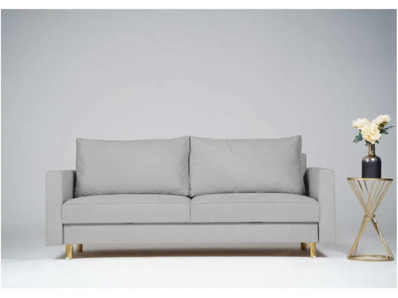 Sofa szara DES trzyosobowa z funkcją spania 215 cm: Szara sofa DES i złote nogi