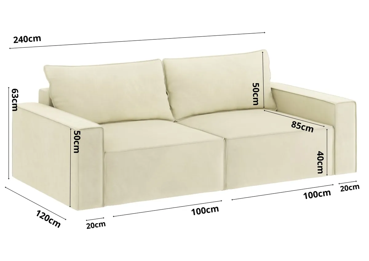 Sofa brązowa SENS 2 z funkcją spania 240 cm: Wymiary modelu SENS 2 i głębokość do rozłożenia