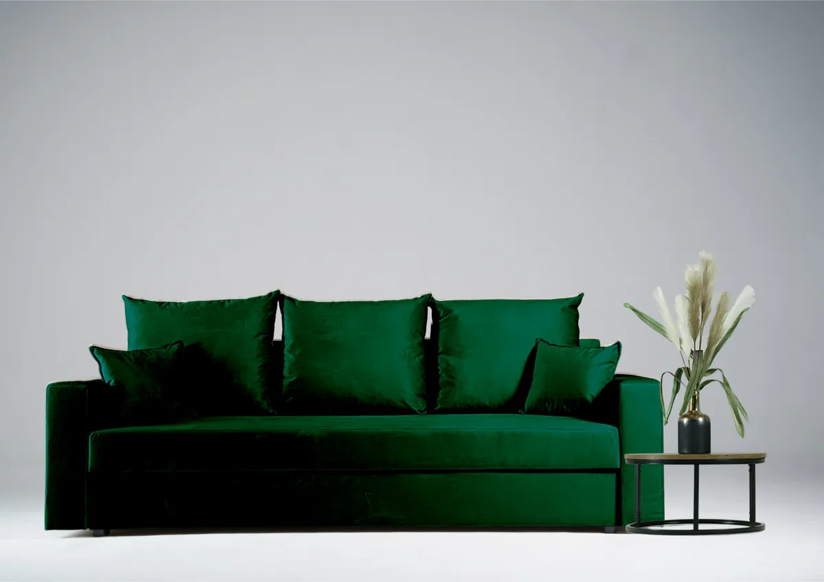 Sofa zielona ARLO trzyosobowa z funkcją spania 215 cm: Zielona sofa ARLO z funkcją spania