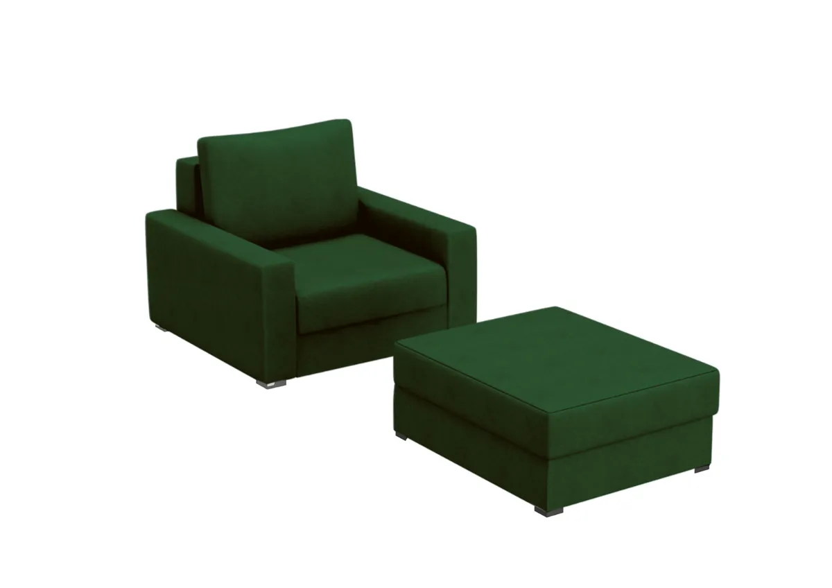 Fotel zielony ARLO z funkcją spania z pufą 90 cm: Zielony fotel ARLO z funkcją spania