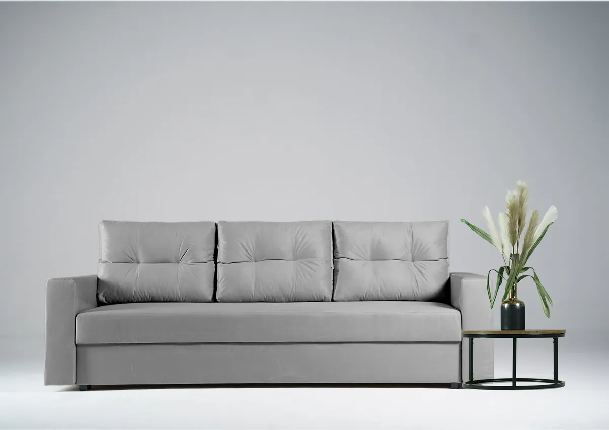 Sofa szara BORA trzyosobowa z funkcją spania 215 cm: Szara sofa BORA do małego wnętrza