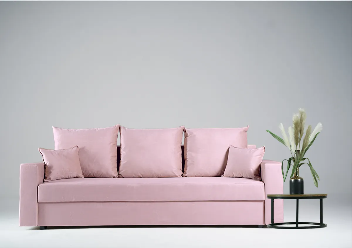 Sofa różowa ARLO trzyosobowa z funkcją spania 215 cm: Różowa sofa ARLO z funkcją spania
