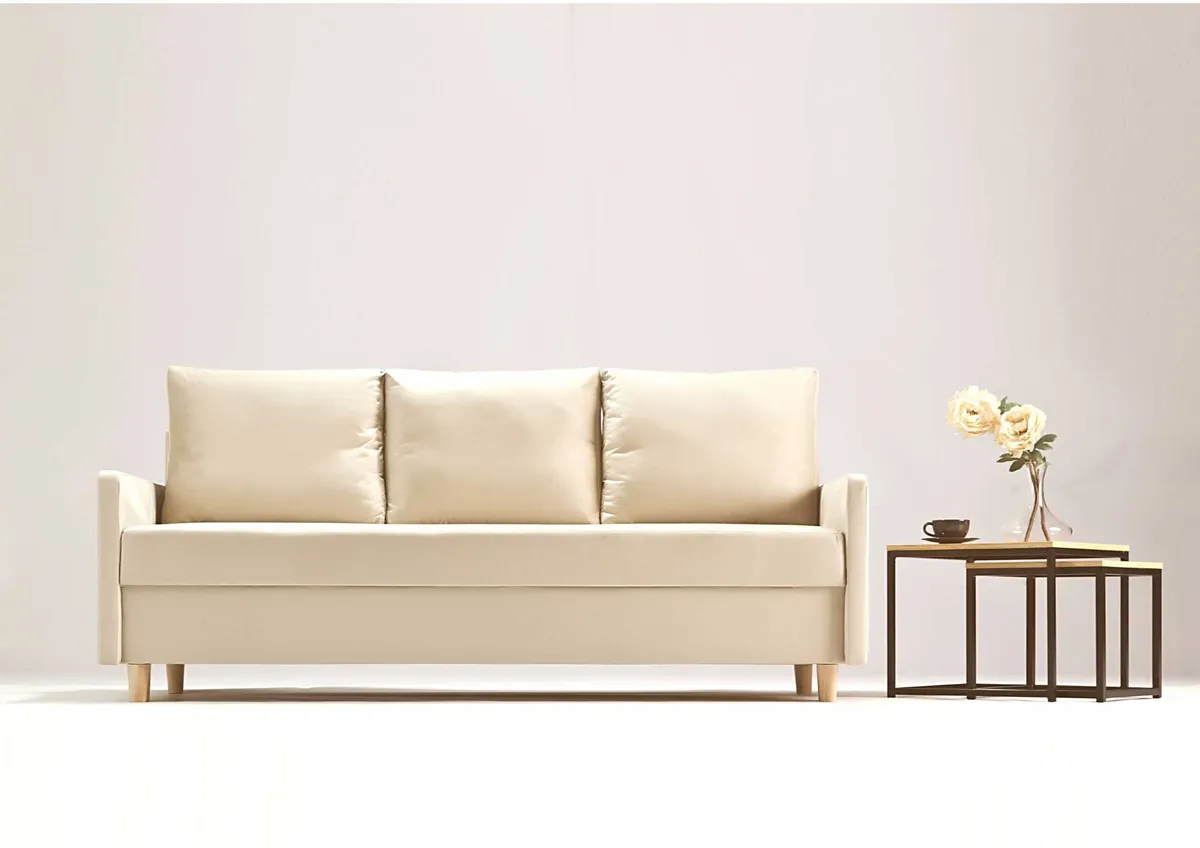 Sofa beżowa AROSA trzyosobowa z funkcją spania 198 cm: Beżowa sofa AROSA w stylu skandynawskim
