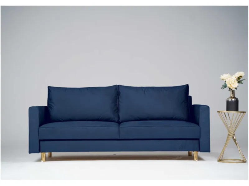 Sofa granatowa DES trzyosobowa z funkcją spania 215 cm: Granatowa sofa DES i złote nogi