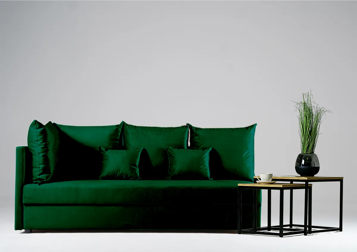 Sofa zielona MOBO lewa trzyosobowa z funkcją spania 198 cm: Zielona sofa MOBO lewa na małą przestrzeń