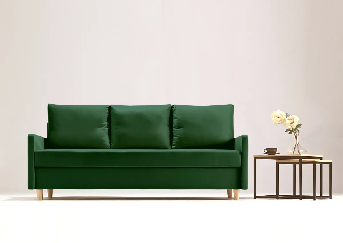 Sofa zielona AROSA trzyosobowa z funkcją spania 198 cm: Zielona sofa AROSA w stylu skandynawskim