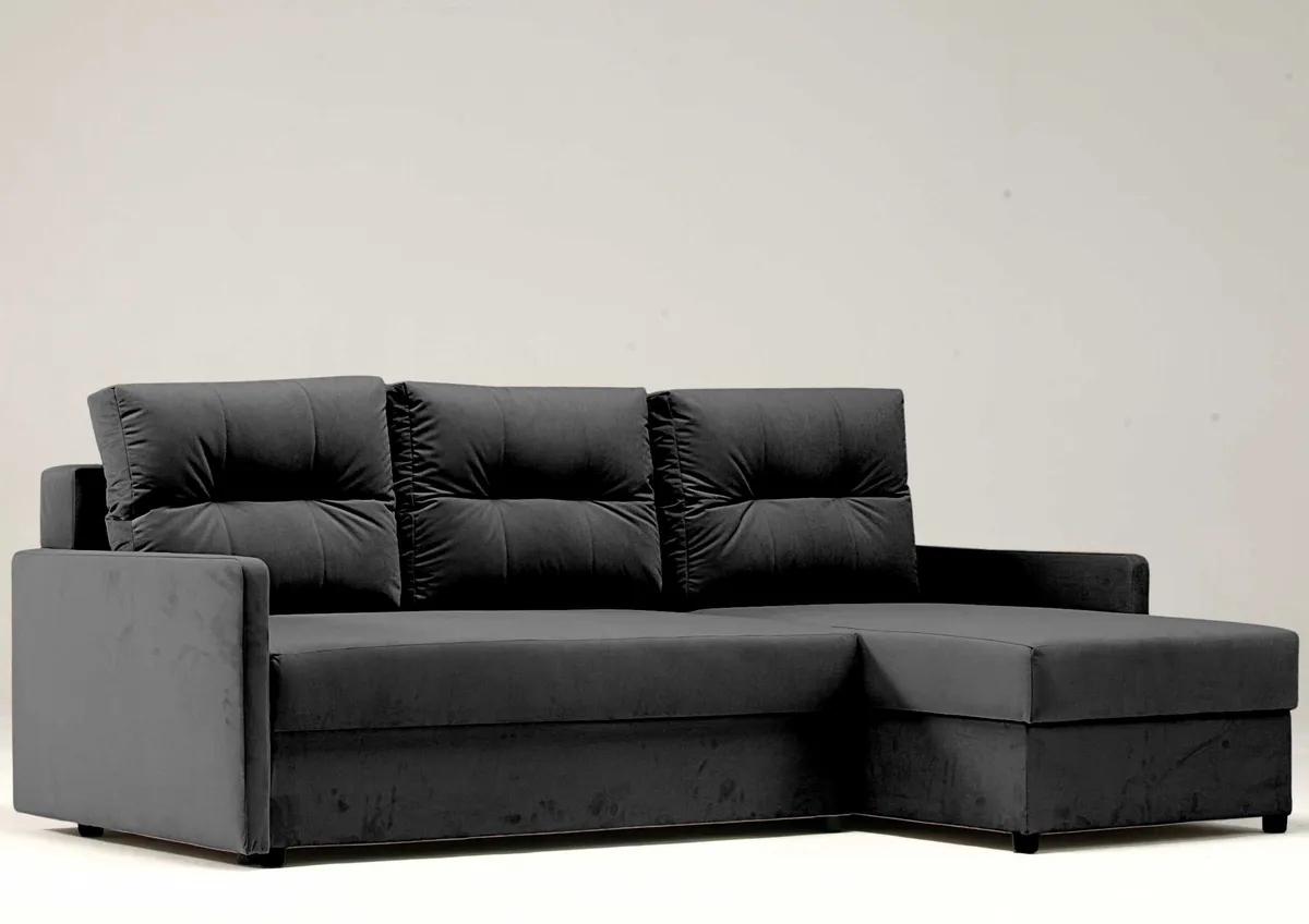 Narożnik czarny ARIA prawy z funkcją spania 208 cm: Narożnik ARIA prawy: czarny i rozkładany