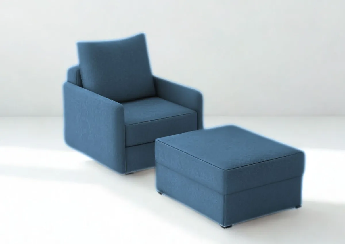 Fotel granatowy ARKADIA z funkcją spania z pufą 68 cm: Granatowy fotel ARKADIA