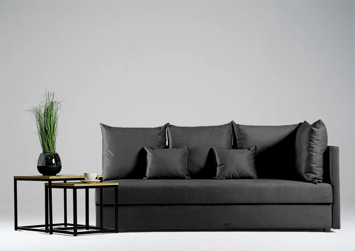 Sofa grafitowa MOBO prawa trzyosobowa z funkcją spania 198 cm: Grafitowa sofa MOBO prawa na małą przestrzeń