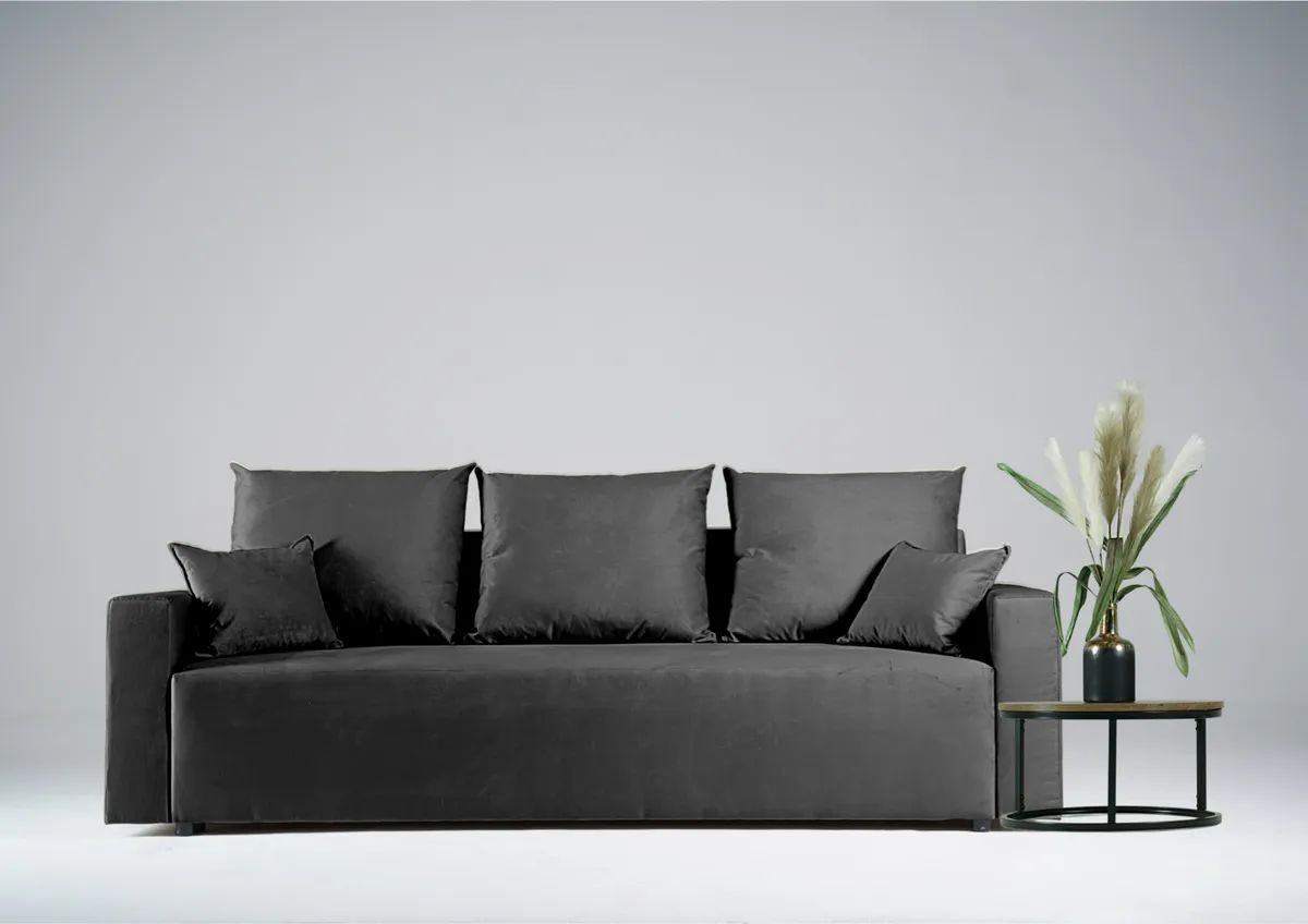 Sofa grafitowa LILA trzyosobowa z funkcją spania 202 cm: Grafitowa sofa LILA do małego salonu