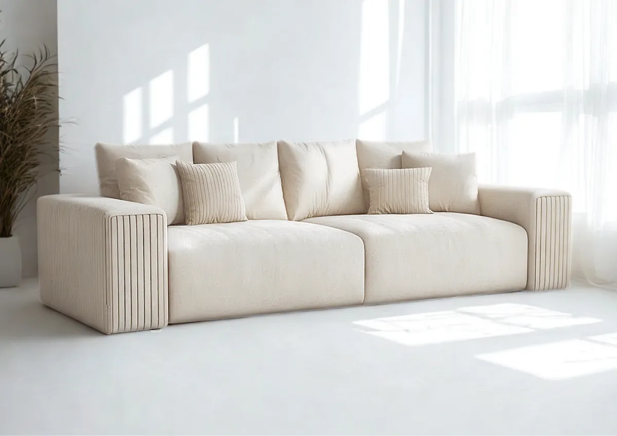Sofa beżowa PAS czteroosobowa z funkcją spania 294 cm: Beżowa sofa PAS z funkcją spania