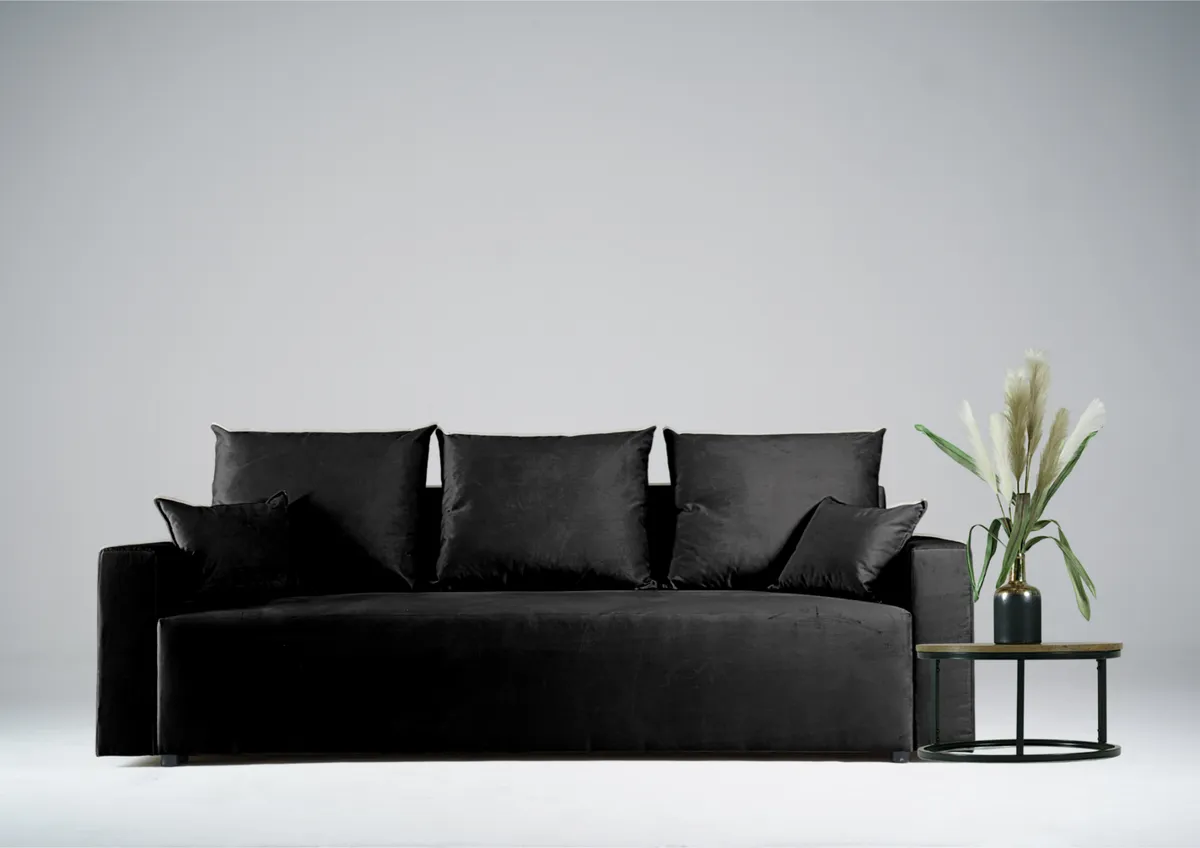 Sofa czarna LILA trzyosobowa z funkcją spania 202 cm: Czarna sofa LILA do małego salonu
