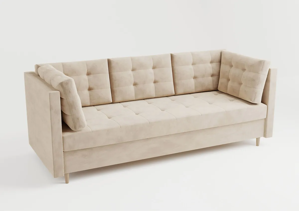 Sofa beżowa PREGO z funkcją spania 215 cm: Beżowa sofa PREGO z pikowaniem