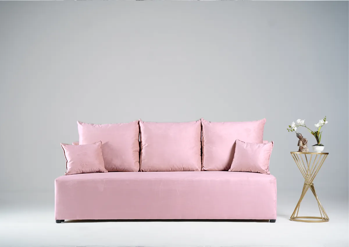 Sofa różowa ESTI trzyosobowa z funkcją spania 190 cm: Różowa sofa ESTI na każdy centymetr