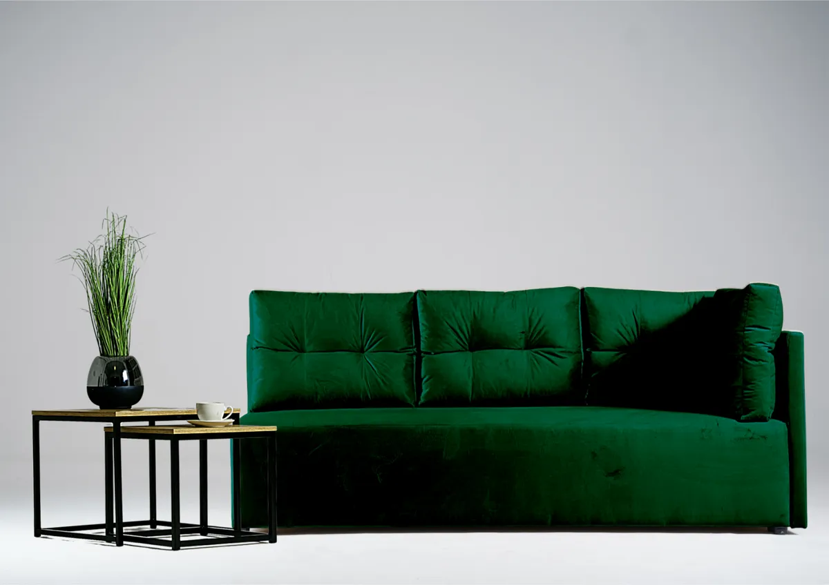 Sofa zielona MONO prawa trzyosobowa z funkcją spania 198 cm: Zielona sofa MONO prawa z funkcją spania