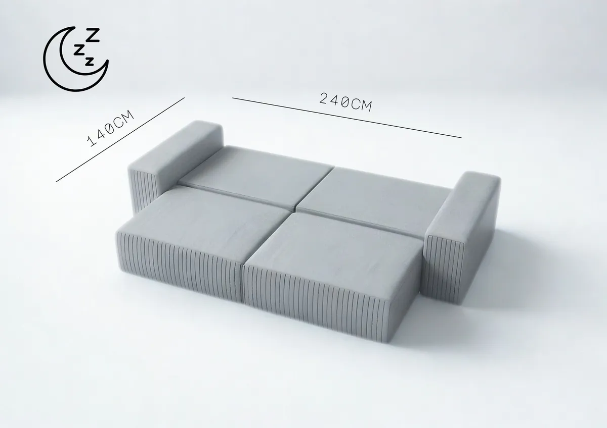 Sofa szara PAS czteroosobowa z funkcją spania 294 cm: Rozkładanie i pojemnik na pościel