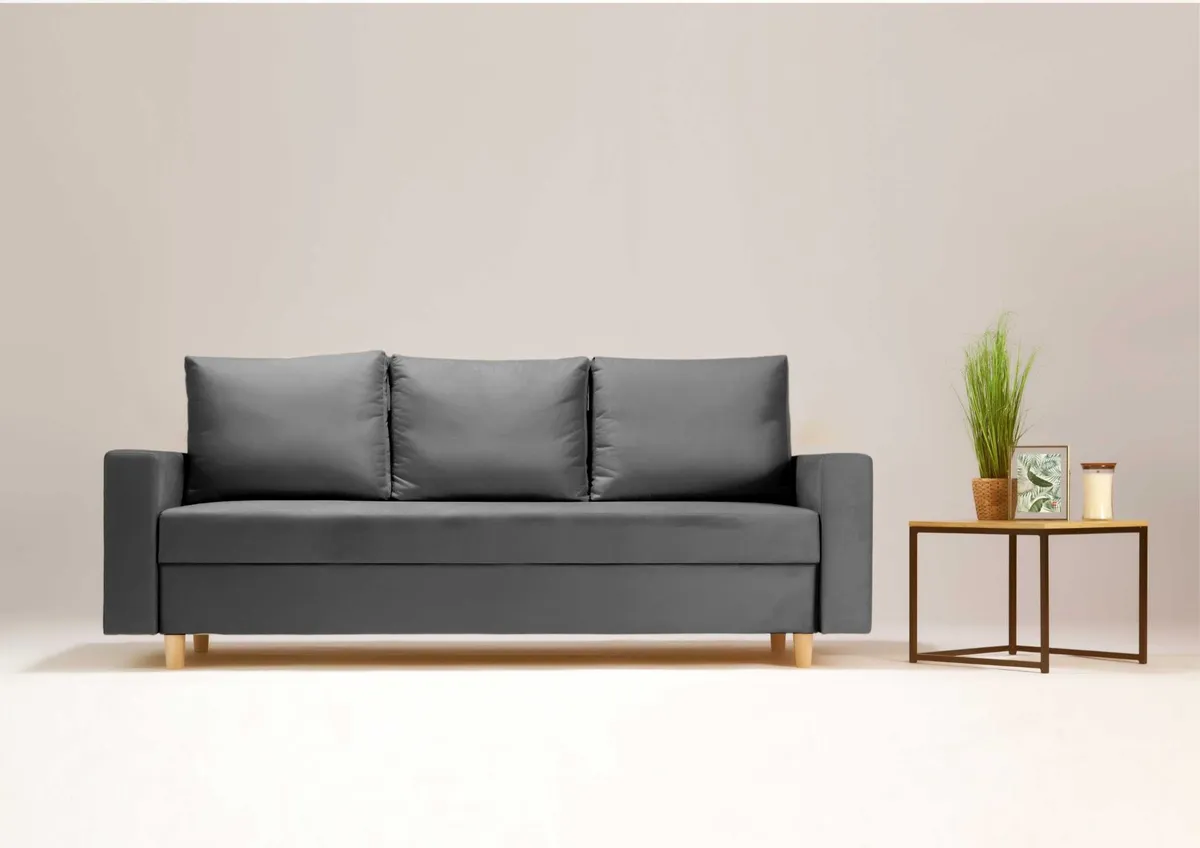 Sofa grafitowa BEVER trzyosobowa z funkcją spania 215 cm: Grafitowa sofa BEVER z funkcją spania