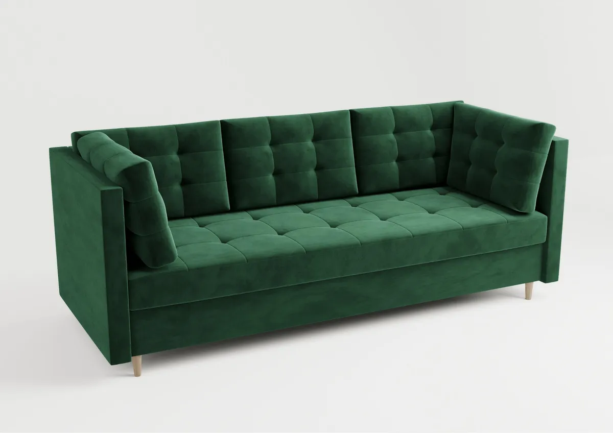 Sofa zielona PREGO z funkcją spania 215 cm: Zielona sofa PREGO z pikowaniem