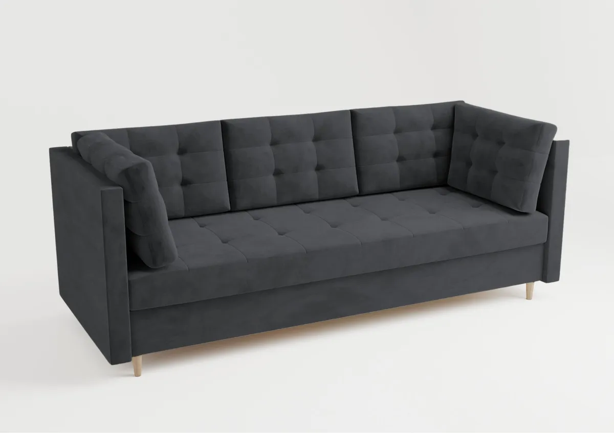 Sofa grafitowa PREGO z funkcją spania 215 cm: Grafitowa sofa PREGO z pikowaniem