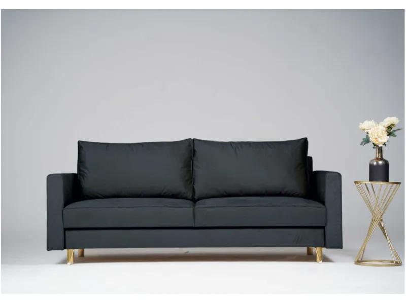 Sofa czarna DES trzyosobowa z funkcją spania 215 cm: Czarna sofa DES i złote nogi