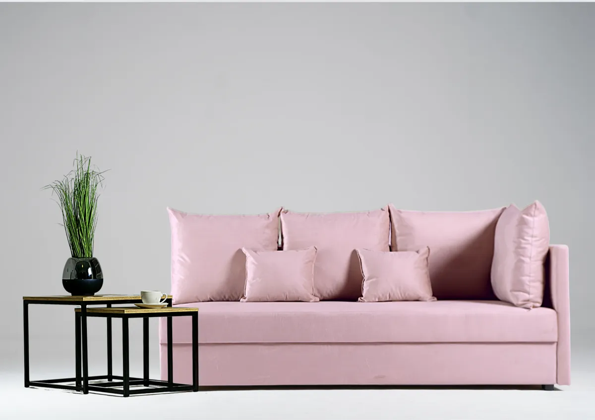 Sofa różowa MOBO prawa trzyosobowa z funkcją spania 198 cm: Różowa sofa MOBO prawa na małą przestrzeń