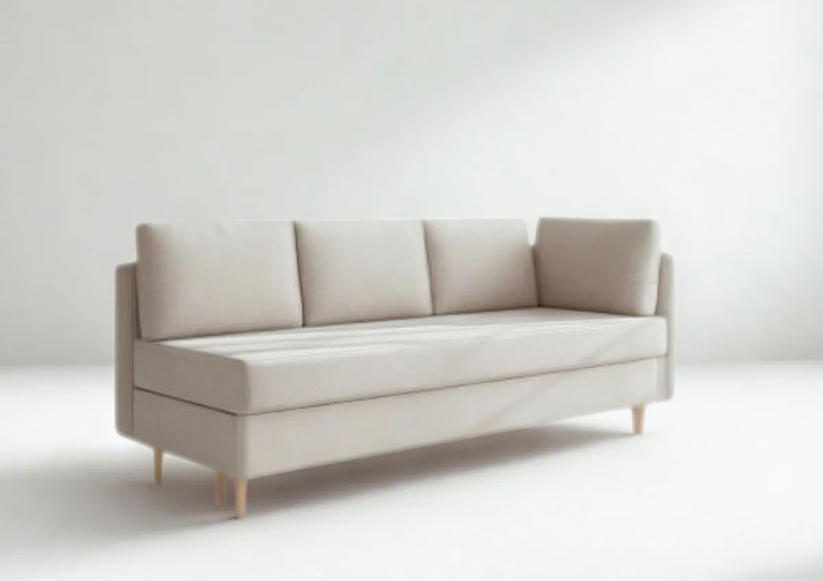Sofa beżowa PRATO prawa trzyosobowa z funkcją spania 198 cm: Beżowa sofa PRATO prawa na drewnianych nogach