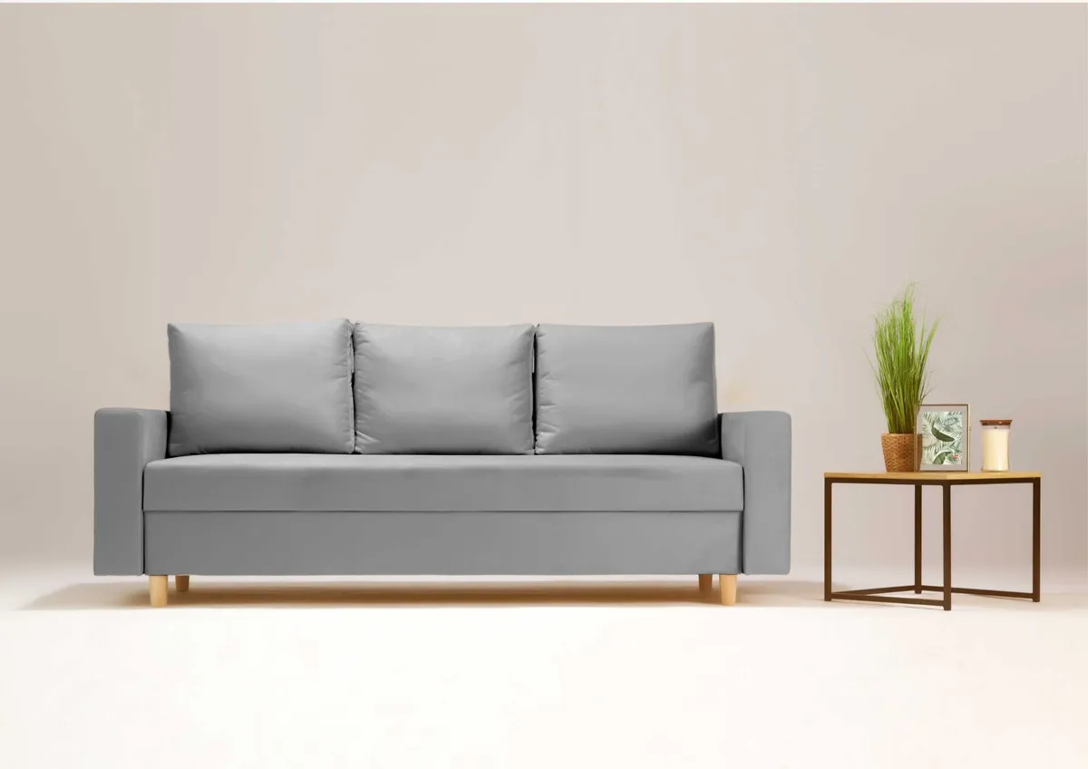 Sofa szara BEVER trzyosobowa z funkcją spania 215 cm: Szara sofa BEVER z funkcją spania