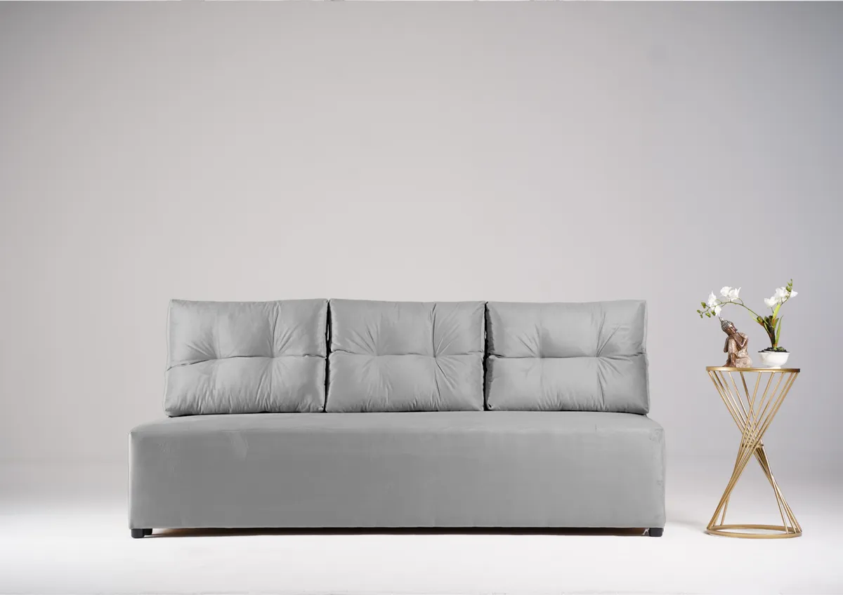 Sofa szara PONO trzyosobowa z funkcją spania 190 cm: Szara sofa PONO z pikowanymi poduszkami