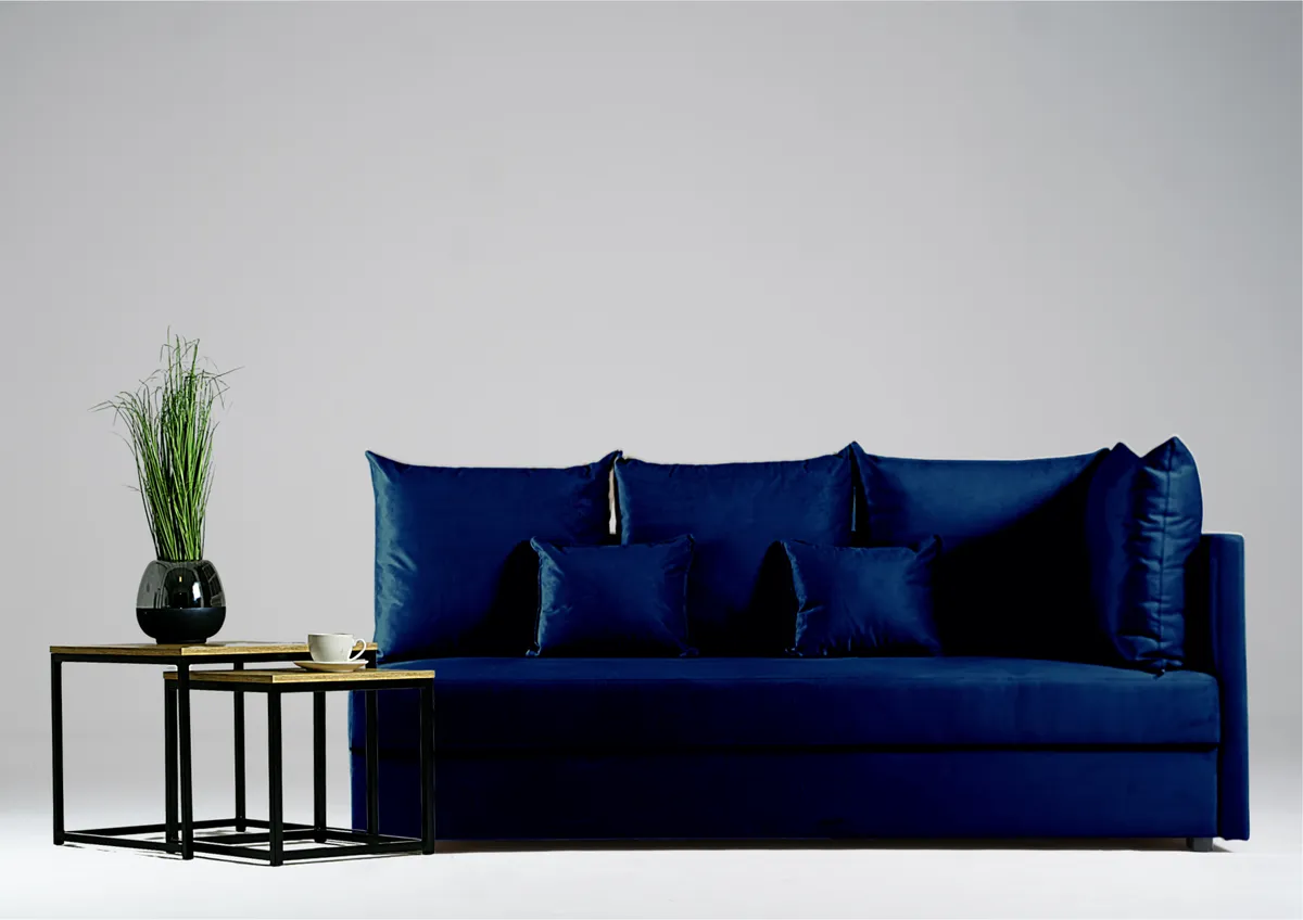 Sofa granatowa MOBO prawa trzyosobowa z funkcją spania 198 cm: Granatowa sofa MOBO prawa na małą przestrzeń