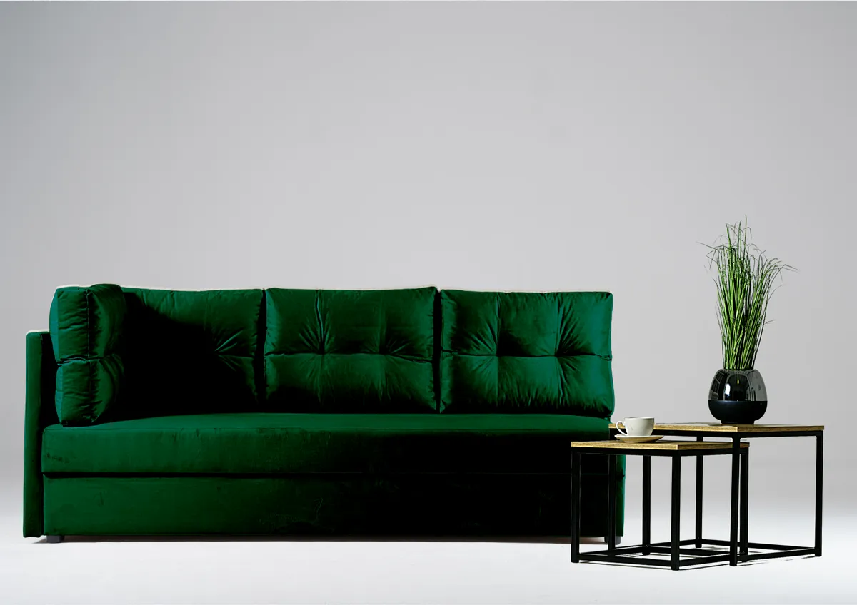 Sofa zielona MALA lewa trzyosobowa z funkcją spania 198 cm: Zielona sofa MALA lewa z funkcją spania