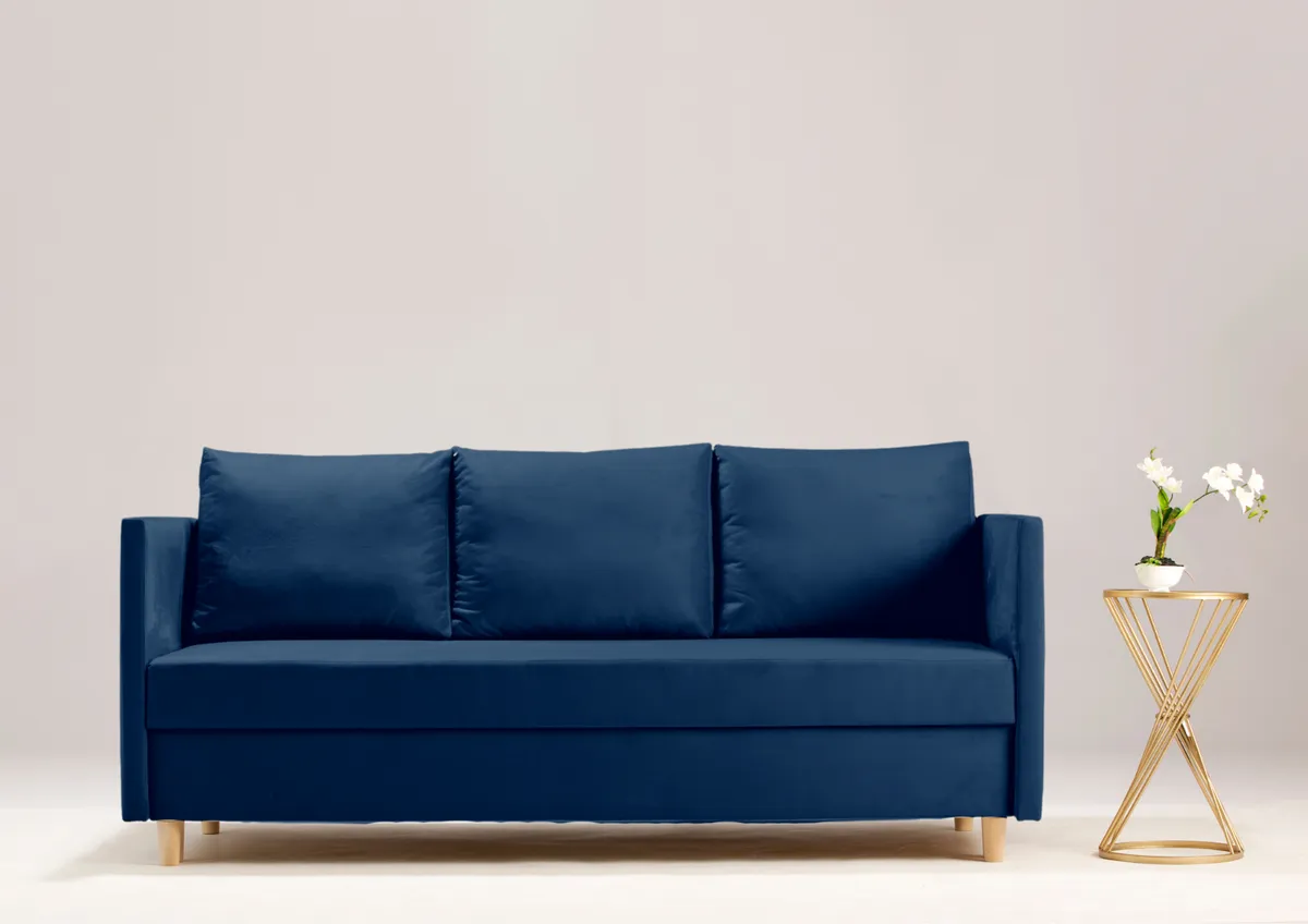 Sofa granatowa LIMA trzyosobowa z funkcją spania 215 cm: Granatowa sofa LIMA na drewnianych nogach