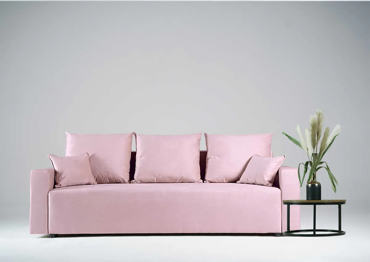 Sofa różowa LILA trzyosobowa z funkcją spania 202 cm: Różowa sofa LILA do małego salonu