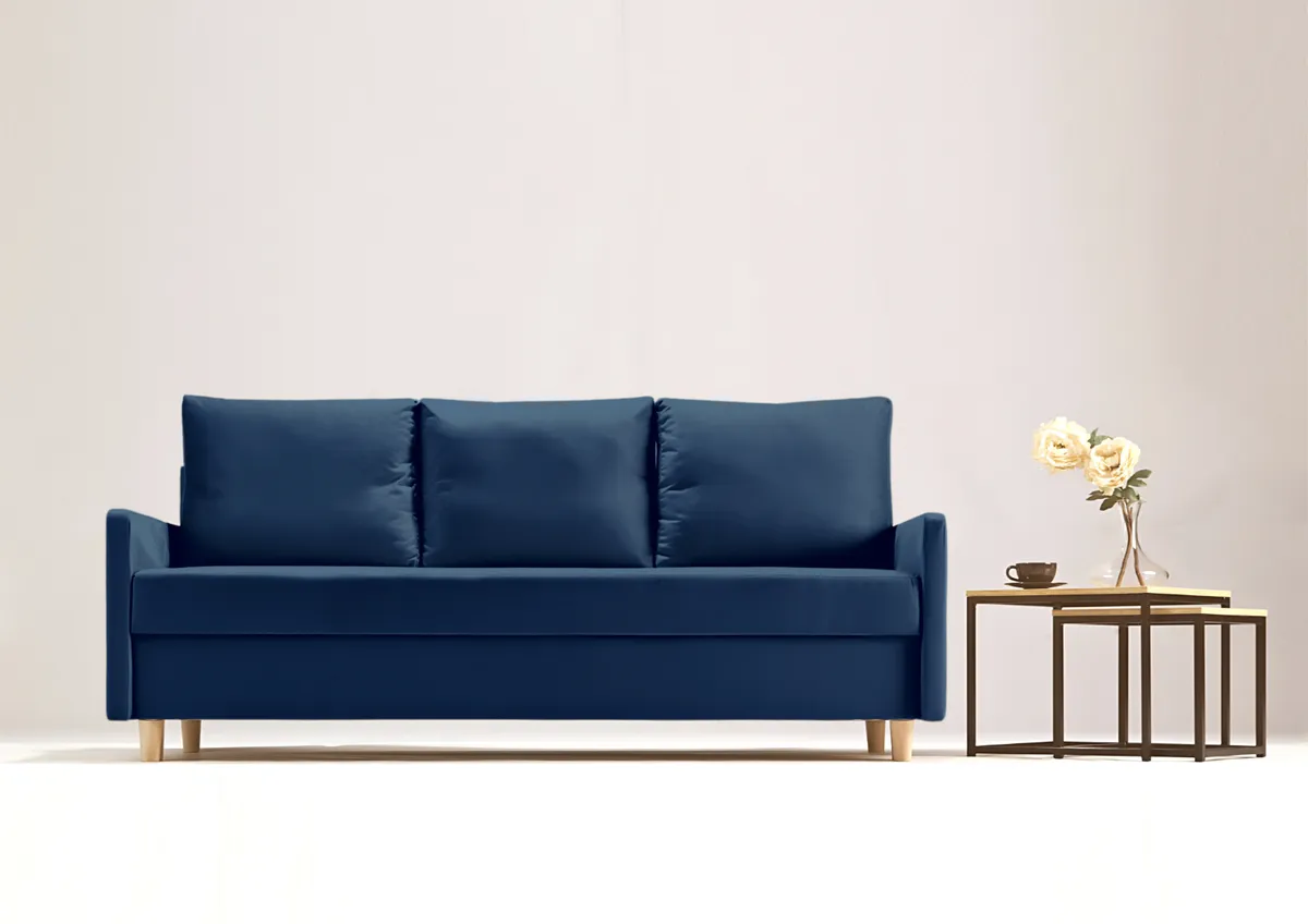 Sofa granatowa AROSA trzyosobowa z funkcją spania 198 cm: Granatowa sofa AROSA w stylu skandynawskim