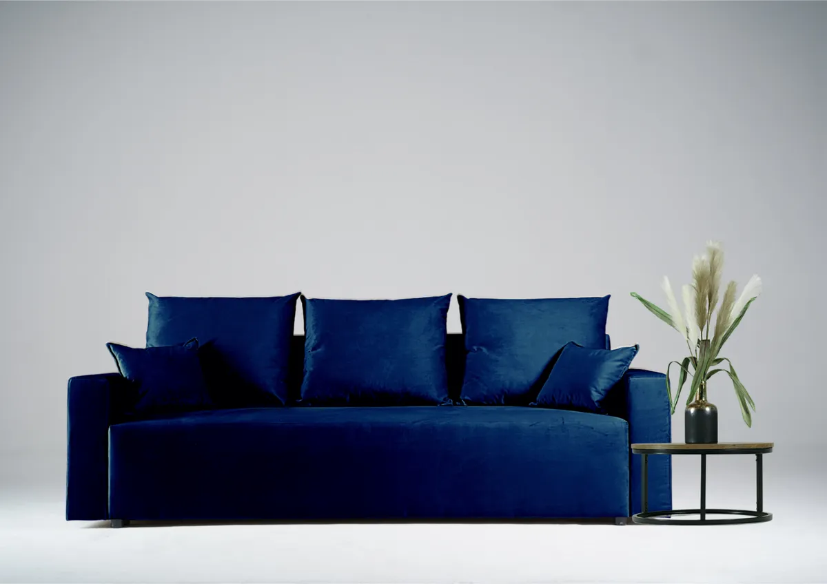 Sofa granatowa LILA trzyosobowa z funkcją spania 202 cm: Granatowa sofa LILA do małego salonu