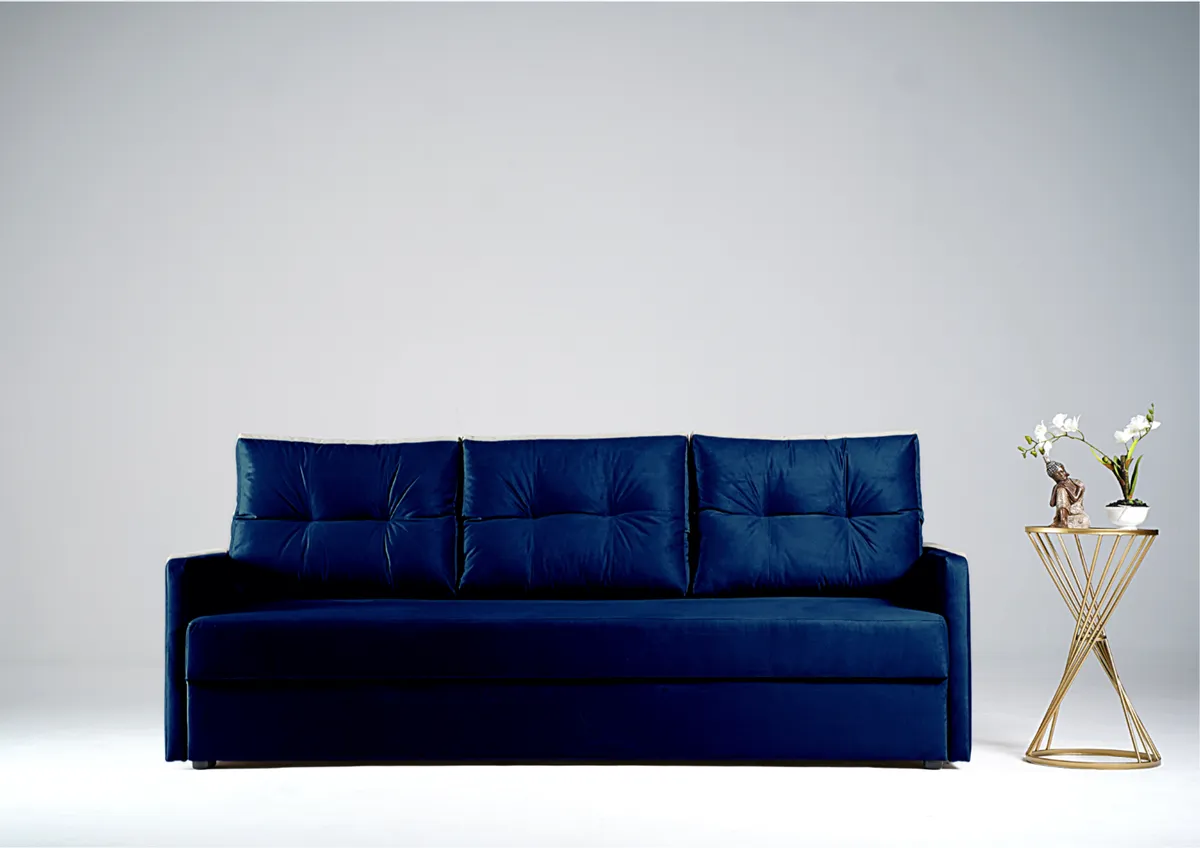 Sofa granatowa BONA trzyosobowa z funkcją spania 198 cm: Granatowa sofa BONA z funkcją spania