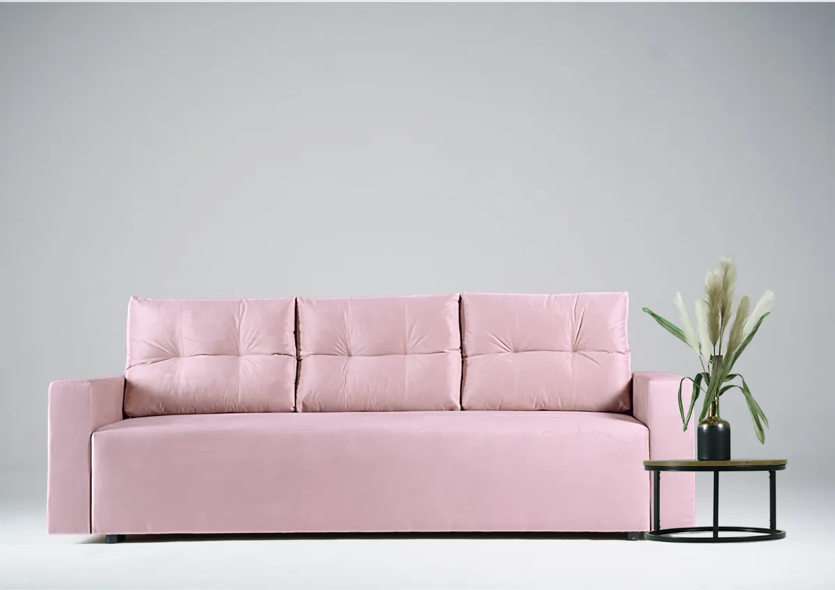 Sofa różowa BONO trzyosobowa z funkcją spania 215 cm: Różowa sofa BONO w klasycznym wydaniu