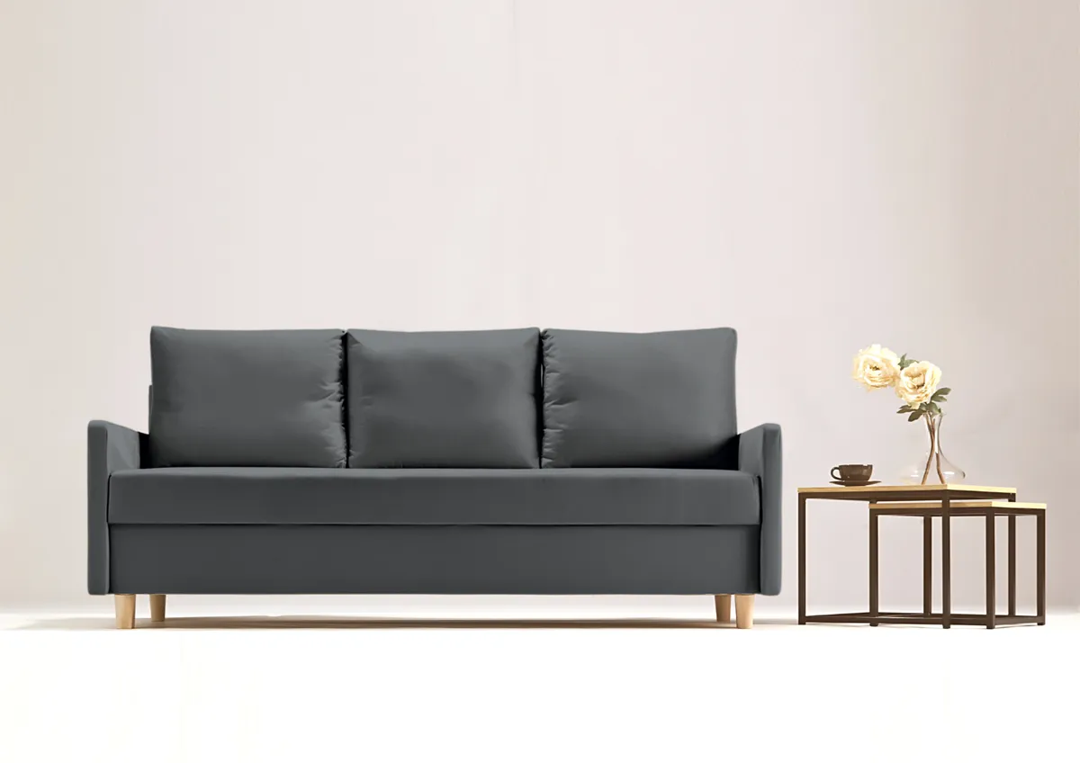 Sofa grafitowa AROSA trzyosobowa z funkcją spania 198 cm: Grafitowa sofa AROSA w stylu skandynawskim
