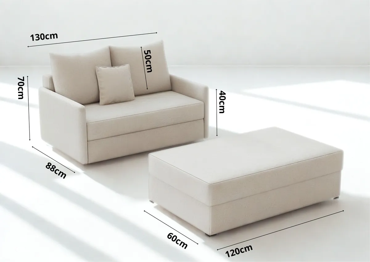 Sofa grafitowa ARKADIA z funkcją spania z pufą 130 cm: Wymiary ARKADIA