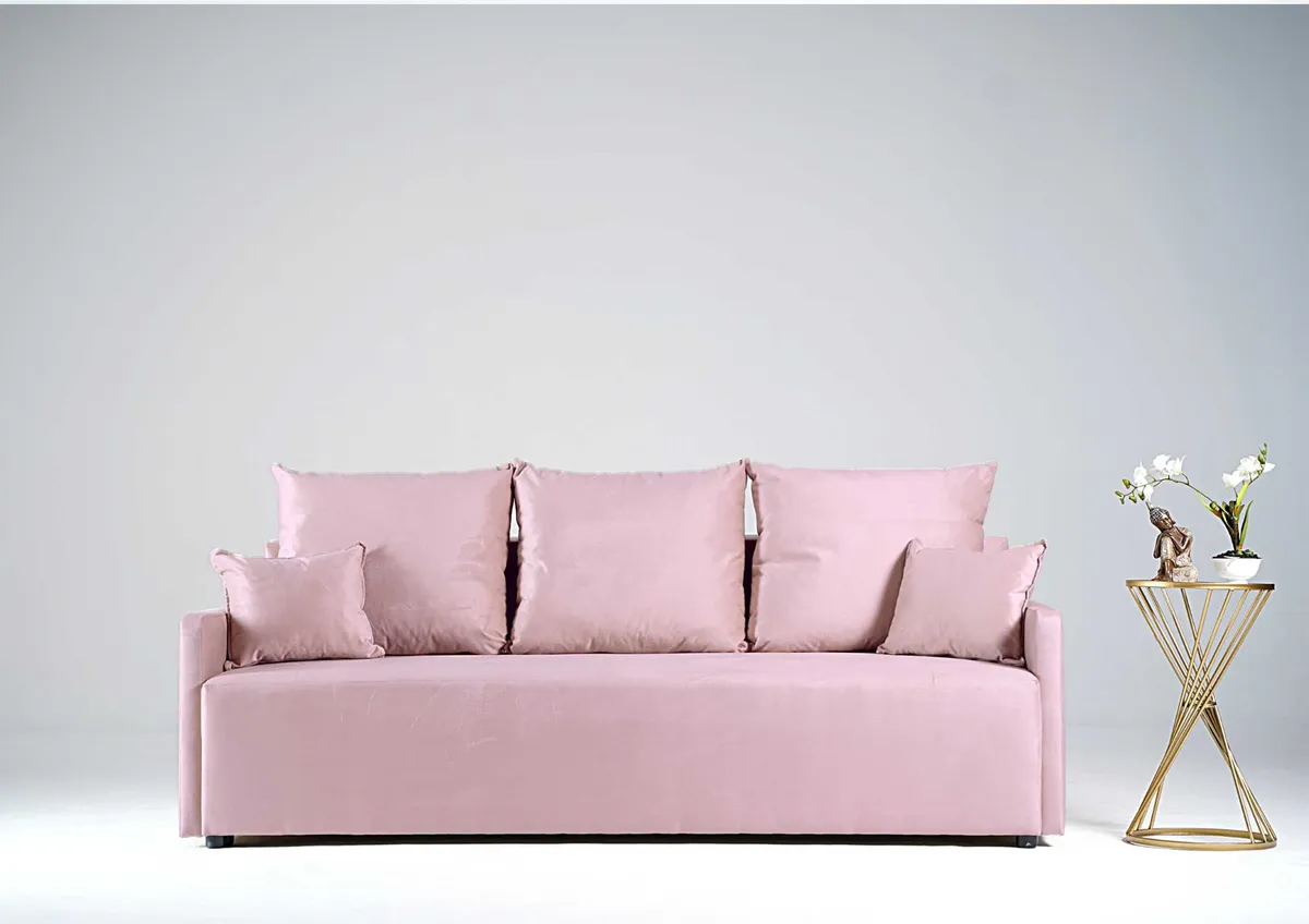 Sofa różowa PARMA trzyosobowa z funkcją spania 198 cm: Różowa sofa PARMA z funkcją spania