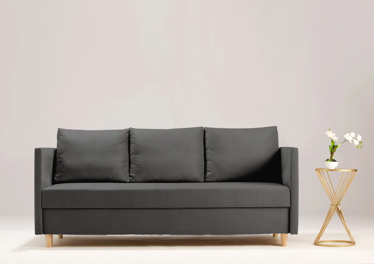 Sofa grafitowa LIMA trzyosobowa z funkcją spania 215 cm: Grafitowa sofa LIMA na drewnianych nogach